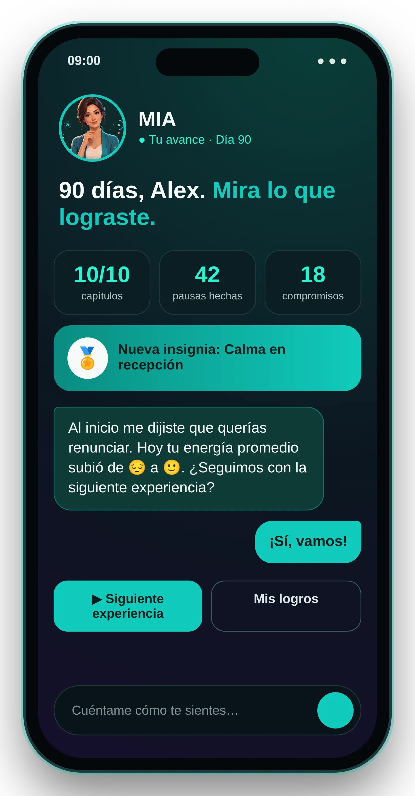 Ejemplo de MIA Coach mostrando el avance de una persona tras 90 días de formación