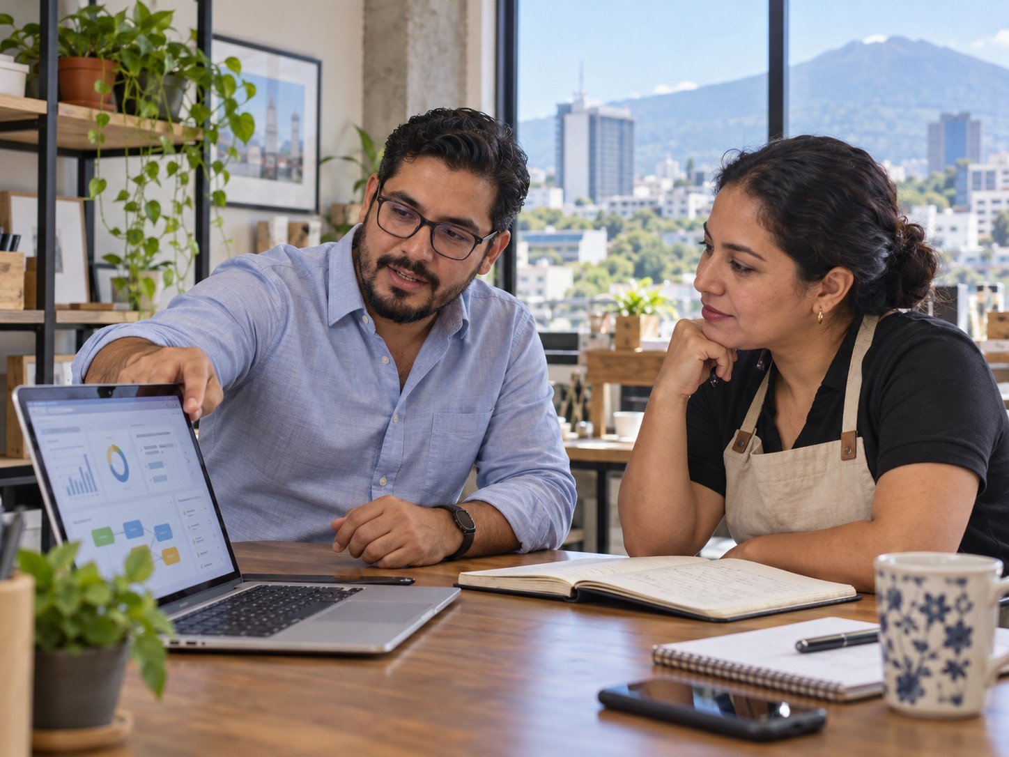 Consultor conversando con una empresaria sobre un proceso de trabajo